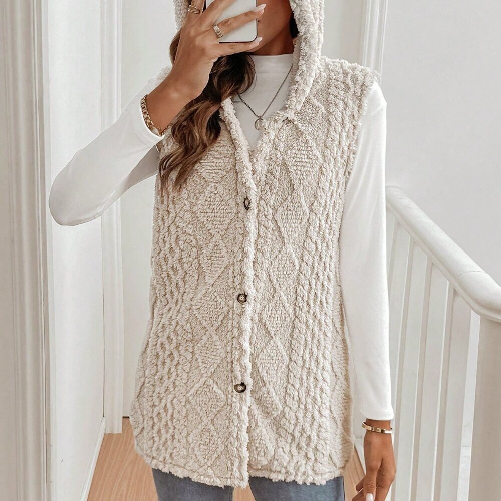 Apricot Casual Women's Hooded Sleeveless Fuzzy Coat